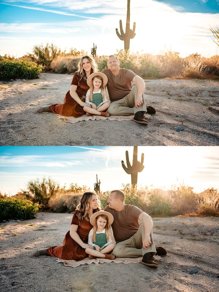 two stacked photos of a family of three sitting on a blanket with a desert background for their session with an Arizona photographer. 