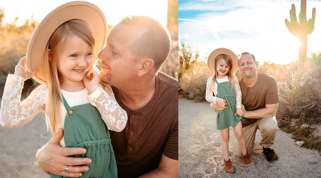 Blonde girl and her father smiling at the each other in one photo, and at the camera in the next photo, for their family photo session in Arizona.