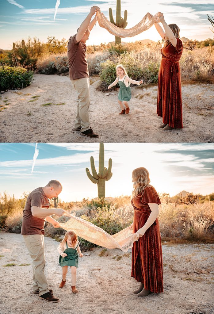 Two stacked images of a mom & dad lifting up a blanket and their little girl running underneath and laughing. 
