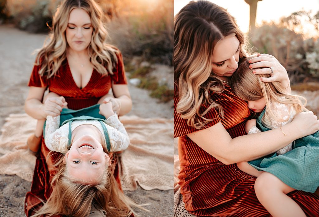 two images of a mom sitting & snuggling with her little girl in a green dress.