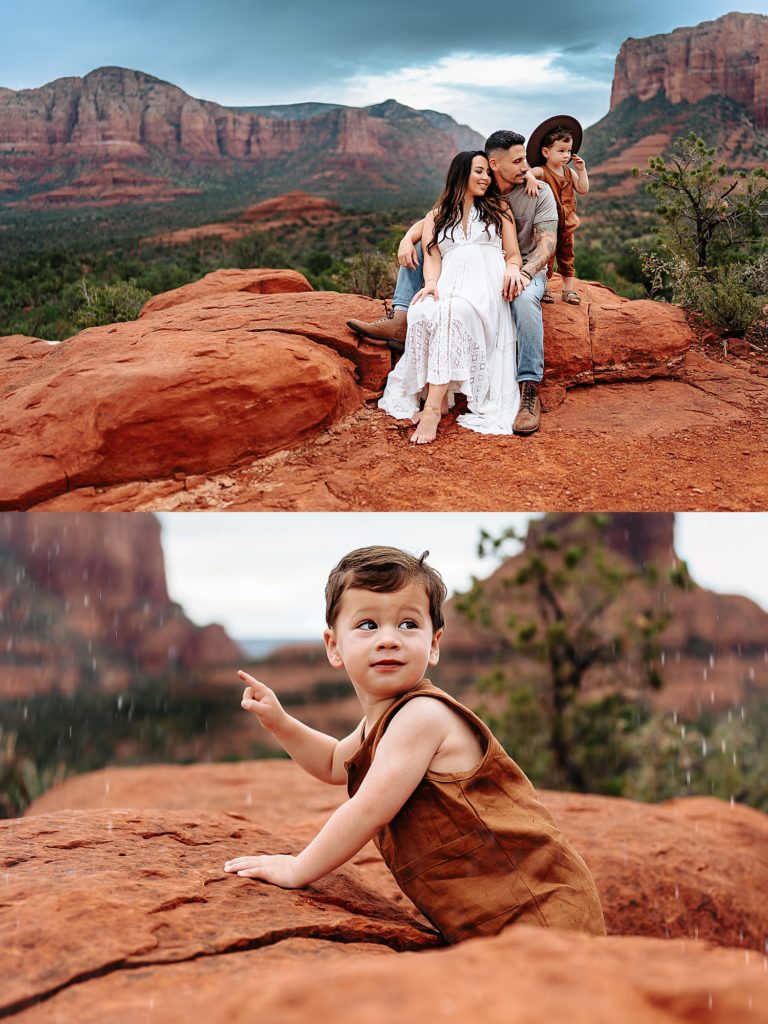 Two stacked images, one of a family of three sitting on a rock with the Arizona scenery behind them, and the second of their son playing on the rocks while rain falls around him.