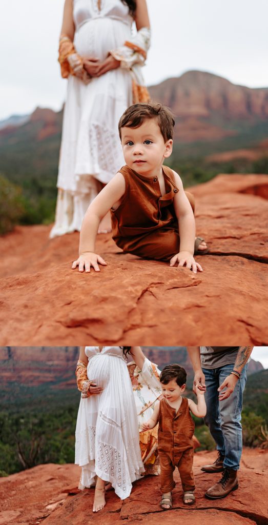 Two photos focused on the toddler son during a maternity session in Sedona.