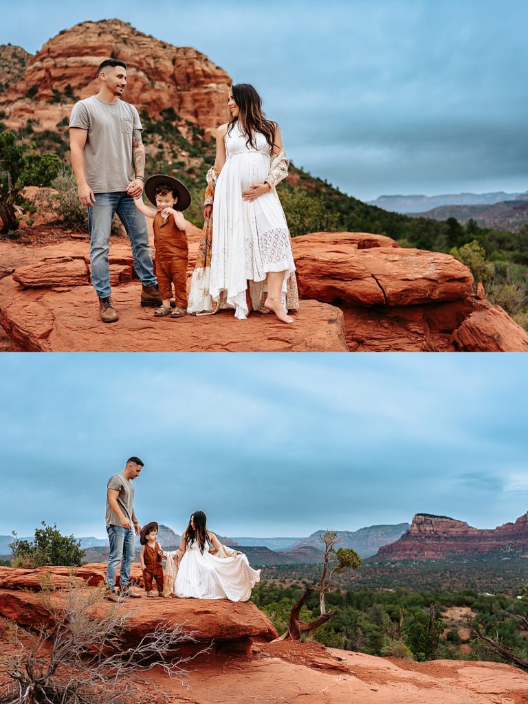 Family of three walking along an overlook with the scenic Arizona background behind them for their maternity photo session.