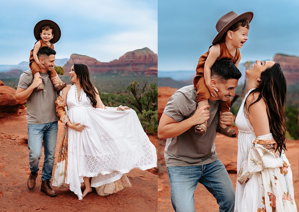 Mom and dad laughing with their toddler out on a hike for their maternity session.