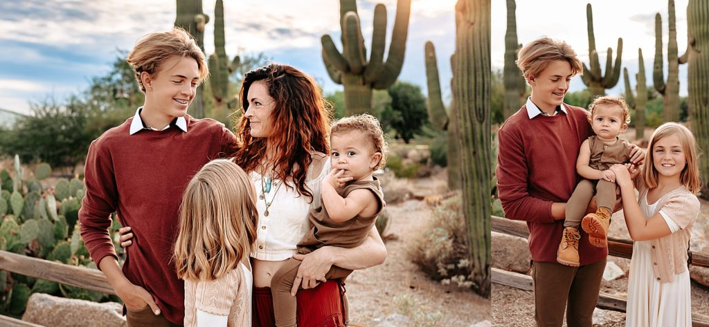 Two image collage of boho family session in Arizona at Riparian Preserve.