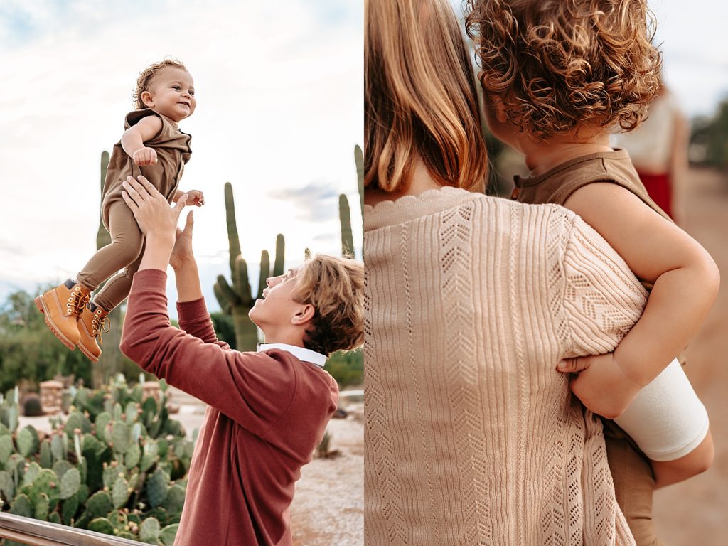 Two image collage of a boho family at their Arizona family session at Riparian Preserve.