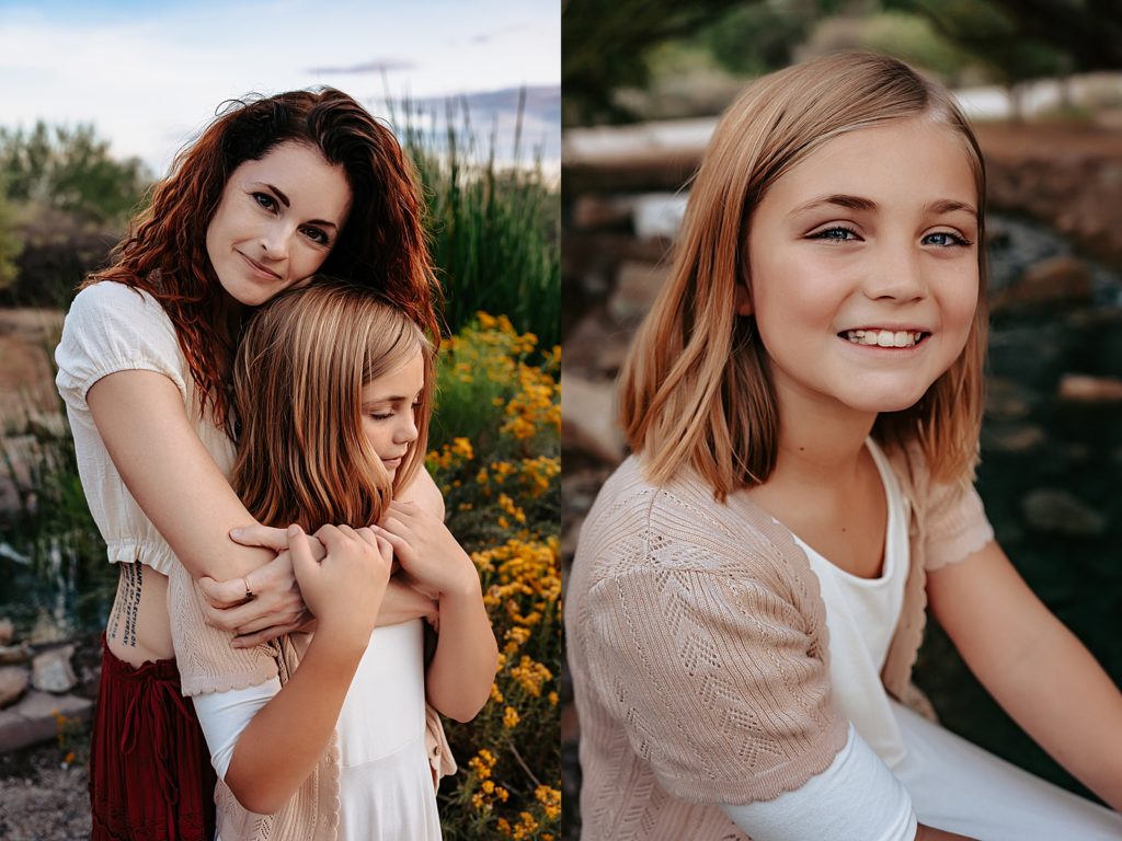 Two image collage of young girl being hugged by her mother, and then a solo portrait of her looking at the camera.