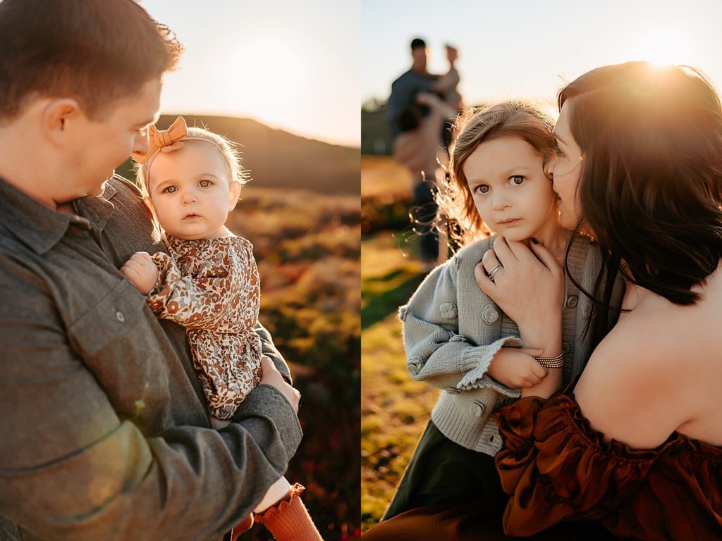 Two image collage of parents kissing their children at their family session in Arizona. 