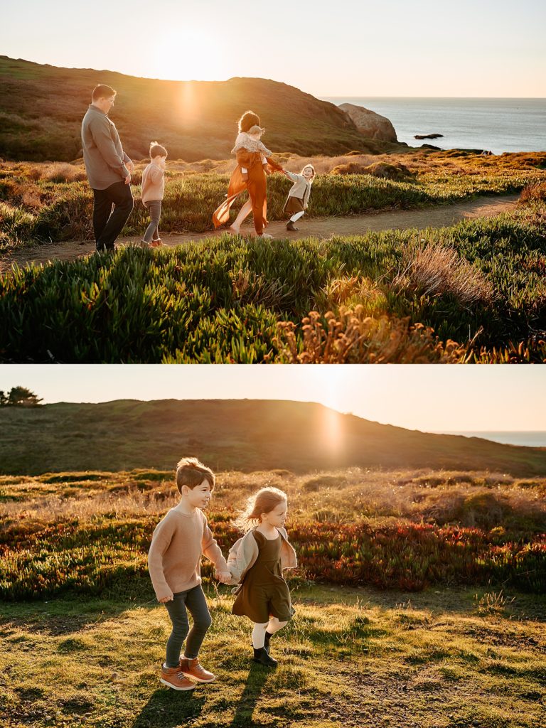 Two image collage amily of five walking across a path with the ocean behind them, and two children walking across a field. 