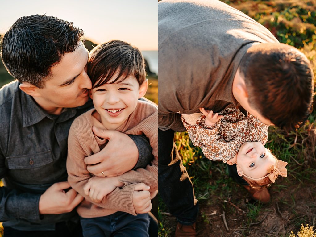 Two image collage of a father playing with his children at their family session in Arizona. 