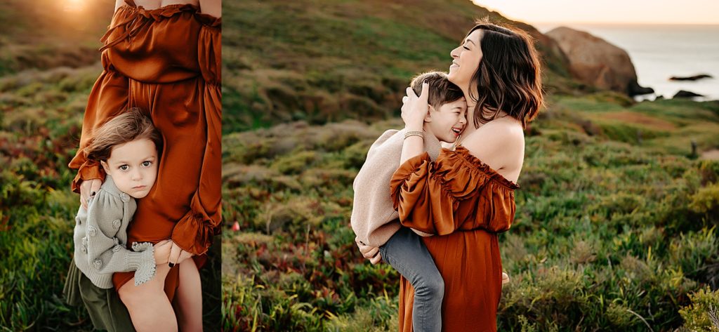 Two image collage of a mom in a boho rust colored dress holding her babies. 