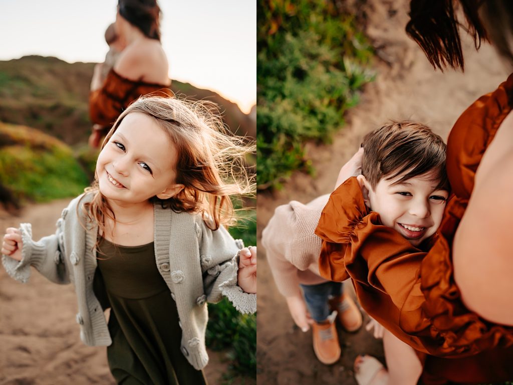 Two image collage of two small children at their family photo shoot.